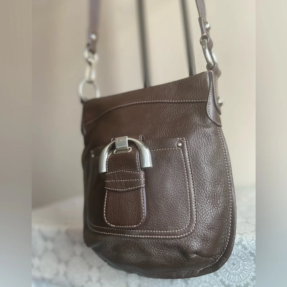 B. Makowsky~Soft~Deep Brown Pebbled Leather~Crossbody Bag~Nickel Hardware